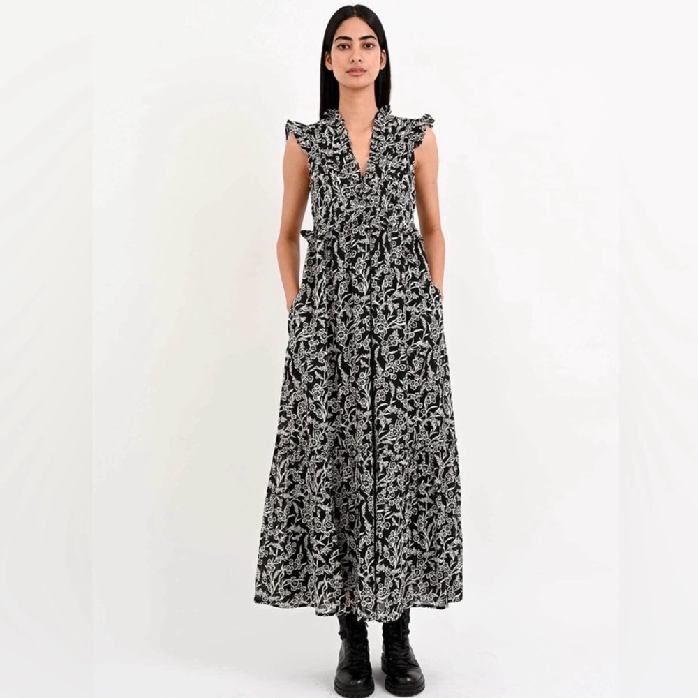 Banjanan Constance Cotton Voile Floral Ruffle Tie Waist Maxi Dress M